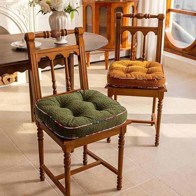 Soft Comfort Chair Pads with 3D Dots Pattern Jacquard Warm Square Chair Cushion with Ties Thicken Non-Slip Floor Pillow Fluffy Seat Cushion for Office Dining Kitchen (Green,15"x15")