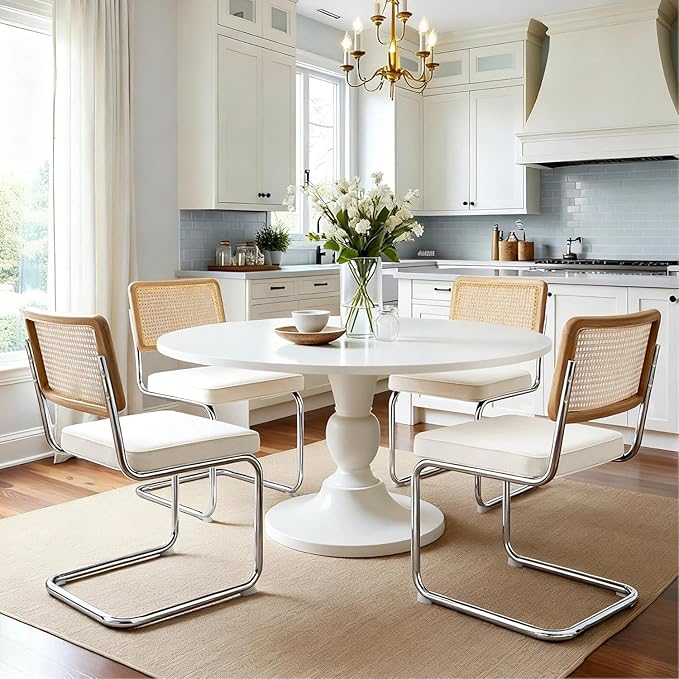 Zesthouse Natural Rattan Dining Chairs Set of 4, Modern Dining Room Chairs with Solid Wood Back for Kitchen Living Room, Mid Century Breuer Design Inspired, Upholstered Velvet Fabric, White