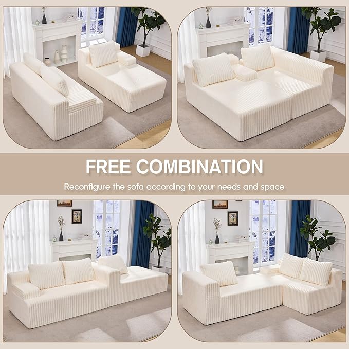 Modular Sectional Sofa Couches L-Shape Couch 3 Seat Modular Sofa Memory Foam Sectional Couches for Living Room, Cloud Couch with Oversized Chaise (White Stripe, 108" Right Facing Chaise)