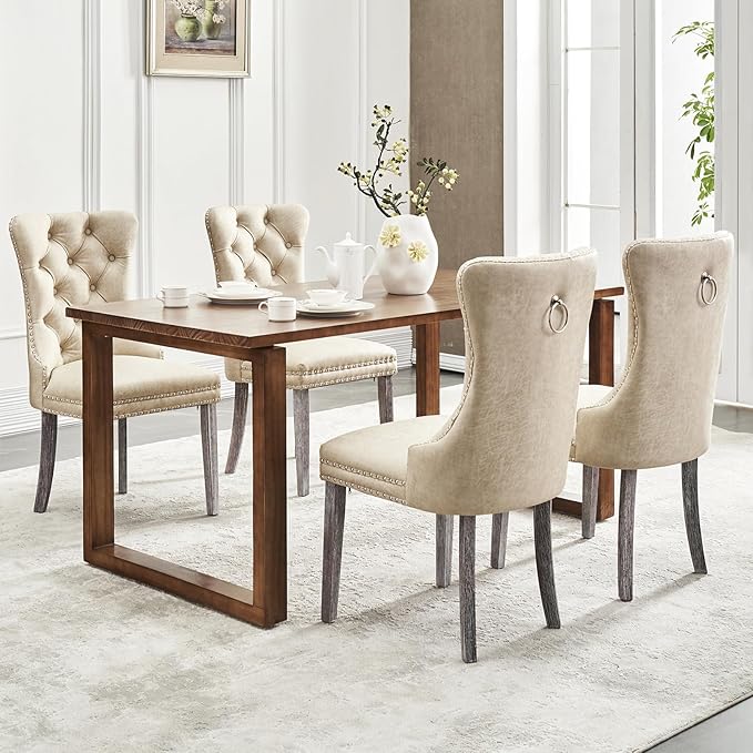 Kiztir Leather Dining Chairs Set of 4, Upholstered Dining Chair with Nailhead Trim and Solid Wood Legs, Luxury Wingback Dining Side Chair for Living Room, Bedroom, Kitchen (Beige)