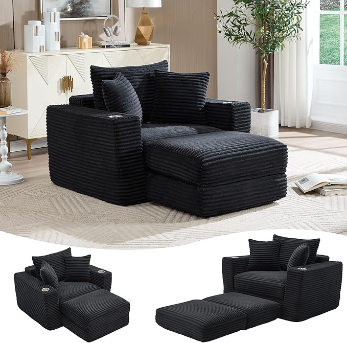 Boneless Chaise Lounge Chair Indoor, All-Foam Convertible Lounge Chair with No Frame, Wide Reclining Floor Lounger for Reading, Napping & Relaxation, No Assembly Needed (Black)