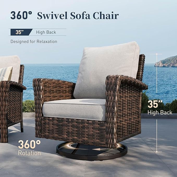 SUNSHINE VALLEY Patio Wicker Swivel Chairs Set of 2, Outdoor High Back Chairs with 5.5" Waterproof Cushions and Side Table, Outdoor Furniture Set for Deck Porch and Yard, Peacock Blue