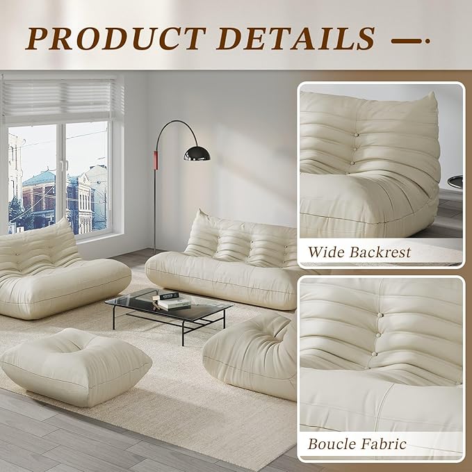 Comfy Lazy Floor Sofa Couch,Soft Armless Chair,Faux Leather Lounge Chair,Corner Relax Sofa Couch for Living Room Bedroom,Salon Office,Adults(Cream White)