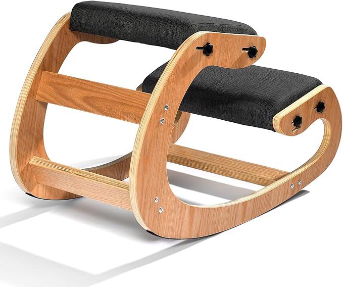 Easyego Kneeling Chair Ergonomic Posture Chair, Wood Adjustable Rocking Knee with Soft Padding, Natural Relief for Neck or Back Pain for Home Office, Max Load 300 lb - Black