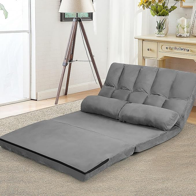 DORTALA Foldable Floor Sofa, 6-Position Adjustable Lounge Couch with 2 Pillows & Suede Cloth Cover, Modern Lounge Mattress Video Gaming Lazy Couch, Floor Seating Sofa, 71" x 44.5", Grey