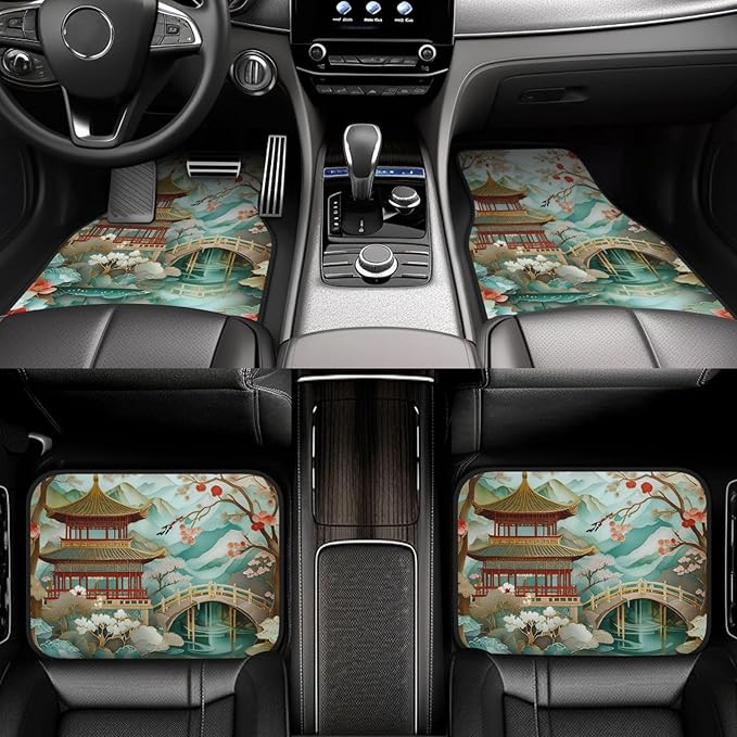 Artistic Fabric Car Floor Mats-Non-Slip Rubber Backing,Asian Palace,Front (26.8x17.3in) & Rear (13x17.3in) Set-Water Absorbing, Durable Automotive Floor Liners with Stylish Patterns
