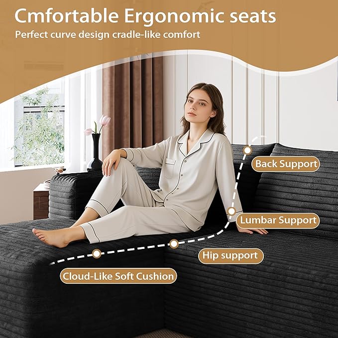 AUGOP 96" Sectional Couches for Living Room Modern Modular Sofa with L-Shape Couchs Upholstered Boneless Couch Deep Seat Sectional Couch with Chaise (Black, 96" Left Facing Chaise+2Seaters)