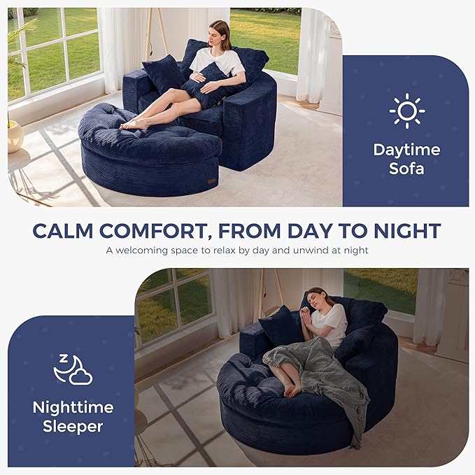 MAXYOYO Oversized Round Chaise Lounge Sofa, Upholstered Lounge Chair with 3 Pillows, Boneless Sofa Couch with Ottoman, Deep Seat Sleeper Chair for Living Room, Bedroom, No Assembly, Navy