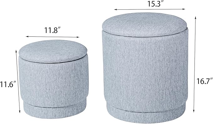 Homebeez Set of 2 Round Ottomans with Storage, Linen Cotton Stool for Living Room Bedroom, Multifunctional Footrest, Coffee Table, Vanity Seat, 300 lbs Capacity, Light Blue