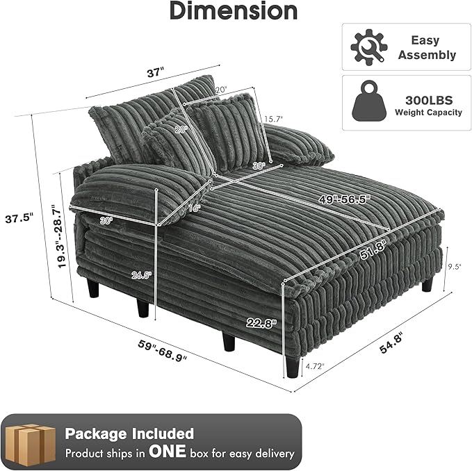 54.8" W Oversized Chaise Lounge Chair Indoor with 5-Position Adjustable Backrest, Plush Sleeper Sofa Bed with Pillows, Upholstered Cloud Couch Chair for Living Room, Study Room, Dark Grey