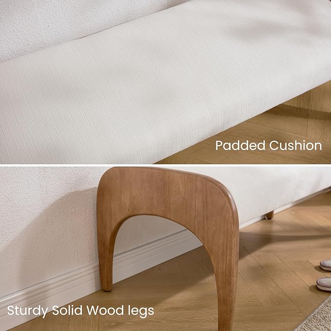 DUOMAY Modern 51" Wide Ottoman Bench, Long Entryway Bedroom Bench with Solid Wood Legs and Linen Upholstered Dining Bench Storage Bench for Living Room Indoor, Kitchen, White