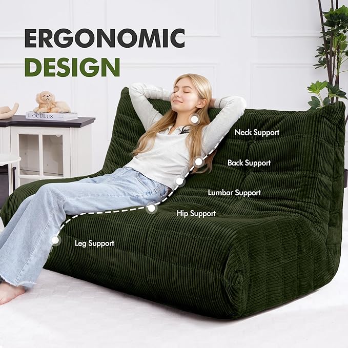 Bean Bag Chair,Giant Beanbag Chairs for Adults,Comfy Large Fireside Chair Lazy Sofa,Corduroy Bean Bag Lounger with Memory Foam Filled,Floor Sofa Couch for Home,Living Room (Green, Loveseat)