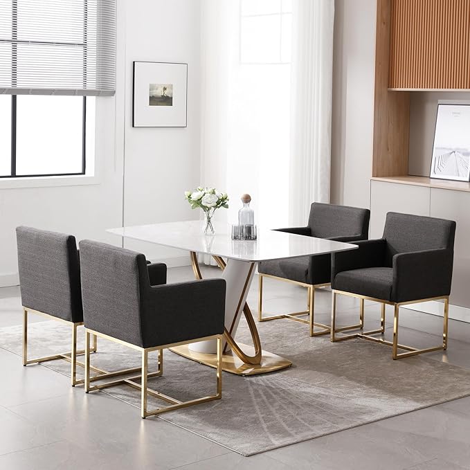 BESTANO Upholstered Dining Chairs with Armrest Set of 4 Mid Century Modern Accent Chairs Armchairs with Gold Metal Frame, Modern Kitchen & Dining Room Chairs, Charcoal