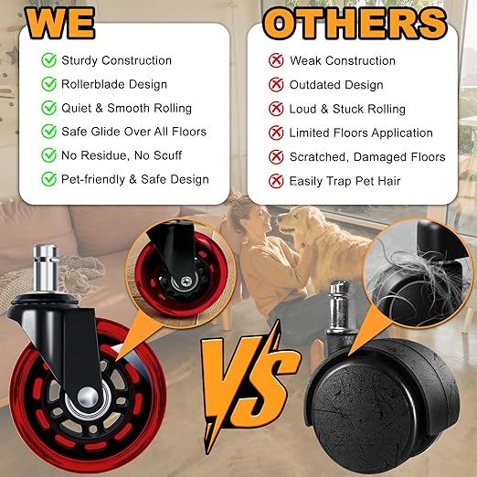 FreekyFit Office Chair Wheels for Casters Replacement - 3" Rubber Wheels for Computer Gaming Desk Caster Smooth & Safe Rolling for All Floors Including Hardwood and Carpet - Set of 5 - Red
