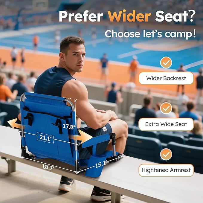 LET'S CAMP Folding Stadium Seat Bleacher Chair with Cup Holder, Mesh Bag and Hide Hooks, Portable Stadium Chair with Back and Cushion