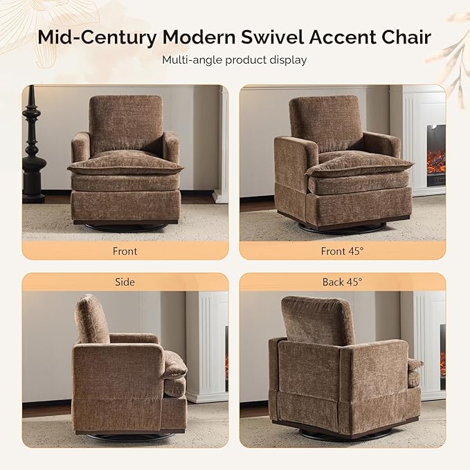 VINGLI Mid-Century Modern Single Swivel Armchair, 360° Swivel, Double-Layer Seat Cushions, Upholstered Square Club Chair for Living Room, Bedroom, Reading Room, Khaki Chenille