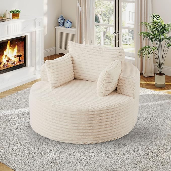 50"W Oversized Round Chaise Lounge Chair Indoor, Upholstered Corduroy Deep Seat Cloud Circle Sofa Chair, Modern Fluffy Comfy Floor Reading Armchair for Living Room, Bedroom, No Assembly Required,Beige