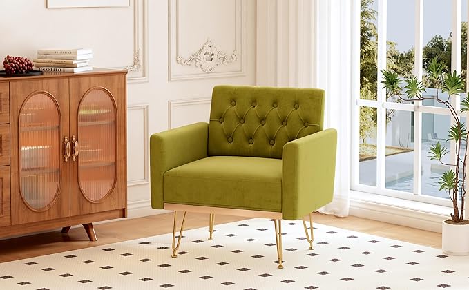Accent Chair for Living Room, Comfy Oversized Velvet Upholstered Arm Chairs, Mid Century Modern Reading Single Sofa Side Chair with Tufted Back and Gold Legs for Bedroom (1, Olive Green)