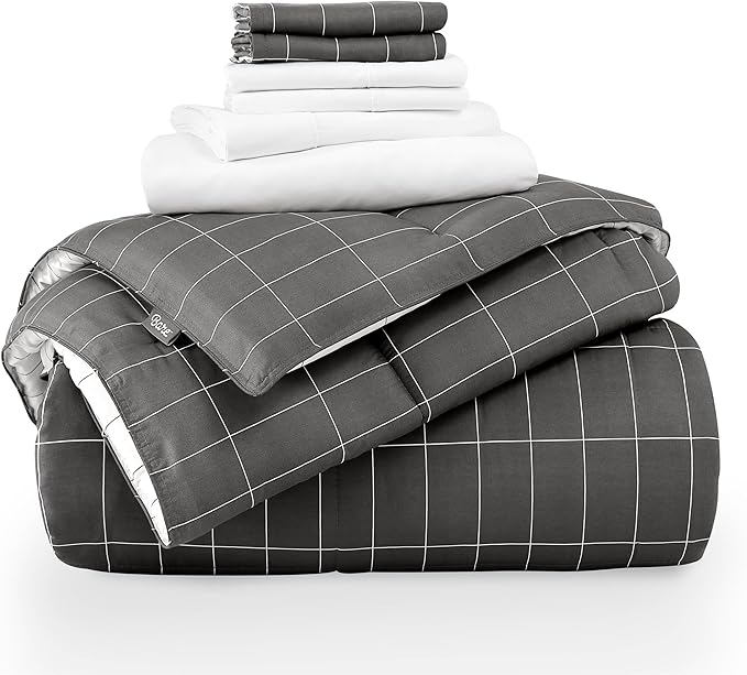 Bare Home Bed-in-A-Bag 7 Piece Comforter & Sheet Set - Queen - Goose Down Alternative - Ultra-Soft 1800 Premium Bedding Set (Queen, Grid - Grey/White Comforter Set, White Sheet Set)