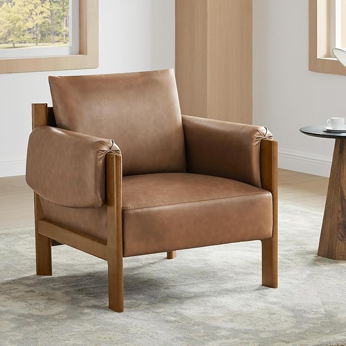 CHITA Accent Chair Set of 2, Mid Century Modern Upholstery Armchair for Living Room, Solid Wood Frame, Faux Leather in Saddle Brown