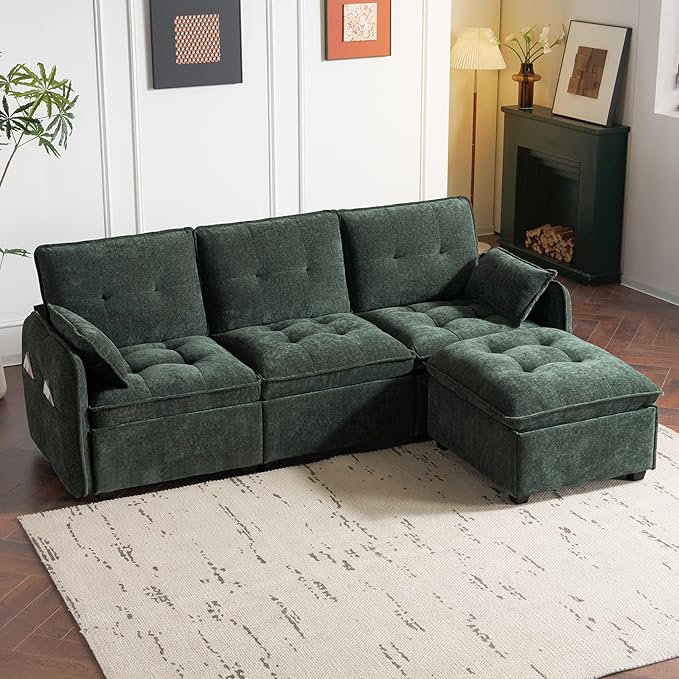 PALLOME 96" Modular L-Shaped Sofa - 3-Seat Cloud Couch with Movable Ottoman, Extra Deep Seat Sofa Couch with Throw Pillows for Living Room & Small Spaces (Green, 3-Seat + Ottoman)