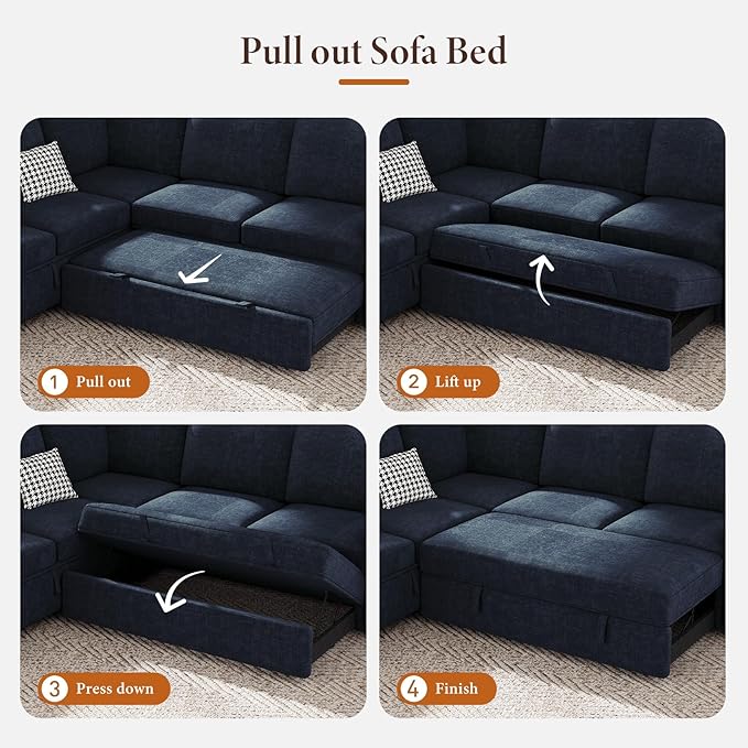 Vesgantti 88.4" Sleeper Sectional Couch with Pull Out Bed, 5 Seater L Shaped Modular Sectional Sofa with Storage, Comfy Chenille Modular Sofa for Living Room, Bedroom, Apartment, Blue