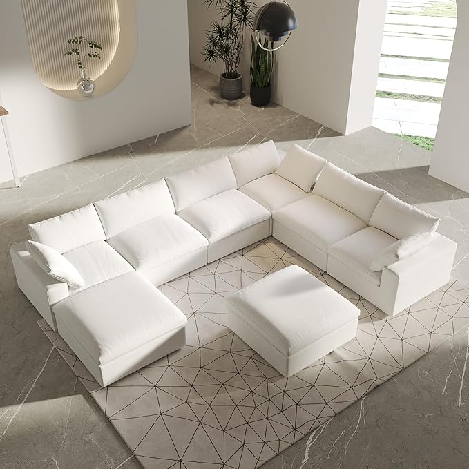 8 Seater Cloud Sectional Couch, Oversize Modular Sofa, Modern Comfy Cloud Sofa with Storage Ottomans, Covers Removable, Convertible Sleeper Couch for Living Room Apartment (White, Linen Fabric)