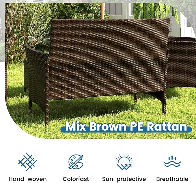 RELAX4LIFE 4-Piece Patio Furniture Set - Rattan Outdoor Conversation Bistro Set w/Cushions, Glass Coffee Table, Wicker Chairs & Loveseat for Garden Backyard Porch, Balcony Furniture Set (1, Peacock)