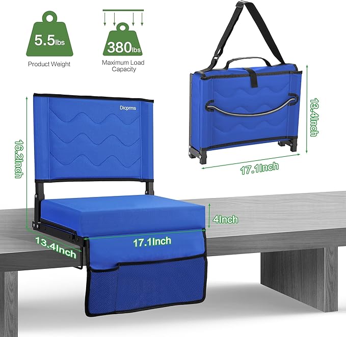 Stadium Seats for Bleachers with Back Support,Bleacher Chairs with Back and Cushion Bleacher Seats Portable Stadium Seats Thick Padded Folding Chair Comfort for Sports Events Blue