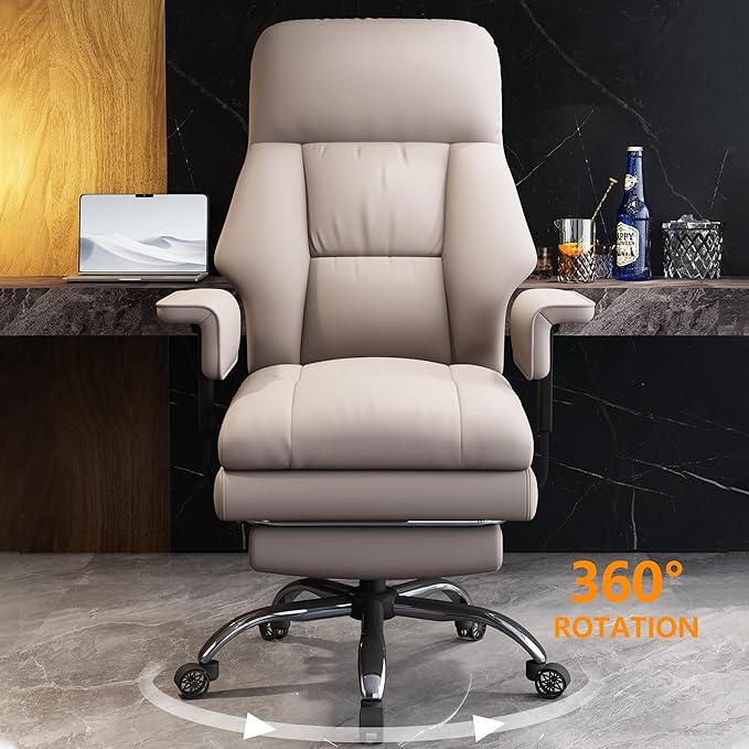 WXJHL Office Chair with Leg Rest, Leather High Back Executive Office Chair with Wheels, Ergonomic Desk Chairs with Lumbar Support for Home Office, Beige