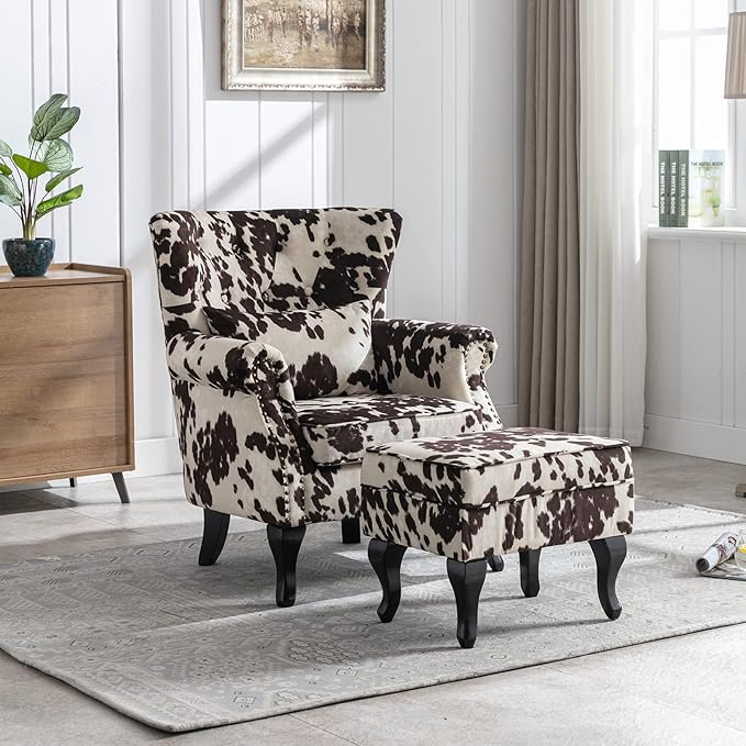 LZAREAL Accent Reading Arm Chairs with Ottoman for Living Room Bedroom, Midcentury Modern Comfy Corner Sofa Chair, Wingback Waiting Room Club Chair with Button Tufted Back &Lumbar Pillow, Fabric Cow