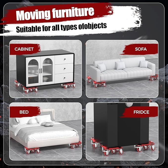LOYAL TIGER Furniture Dolly & Movers 4-Pack 3000lbs - Heavy Duty Interlocking Furniture Sliders with No Scratch Design, Safe for Hardwood Floors, for Sofa/Refrigerator/Piano Moving (Red, 7in)