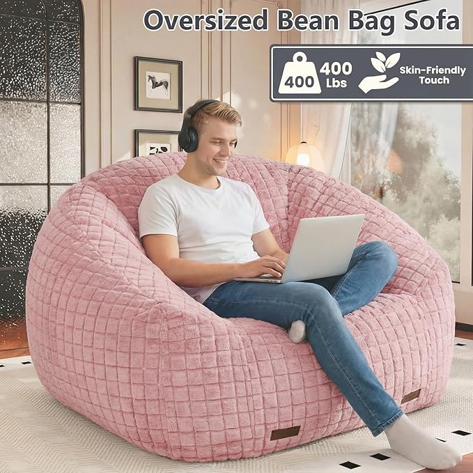 Bean Bag Chairs for Adults, Giant Beanbag Sofa Comfy Reading Chair, Oversized Bean Bag Chairs for Living Room Bedroom, Soft Faux Fur Fabric, 3.2FT, Pink, Checkered
