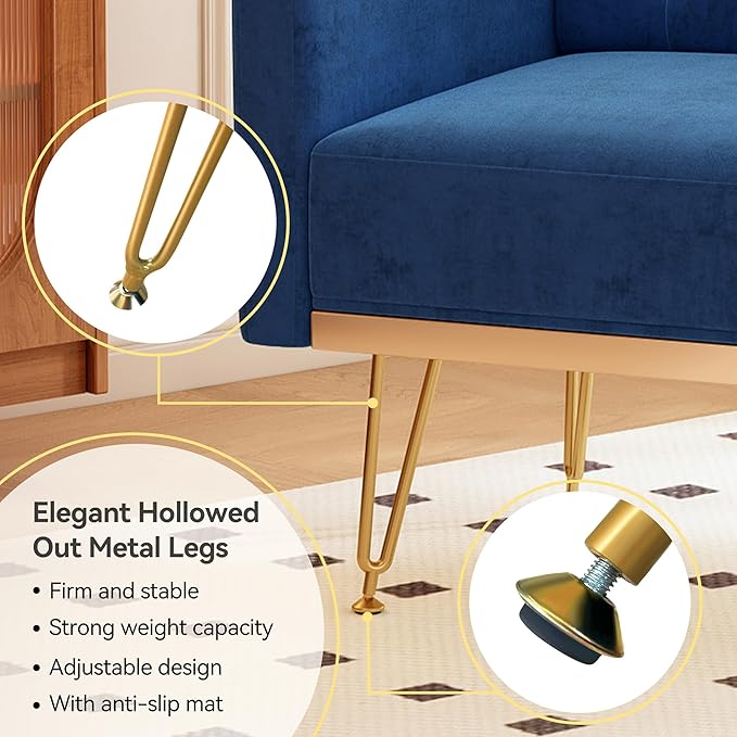 Accent Chair for Living Room, Comfy Oversized Velvet Upholstered Arm Chairs, Mid Century Modern Reading Single Sofa Side Chair with Tufted Back and Gold Legs for Bedroom (2, Navy)