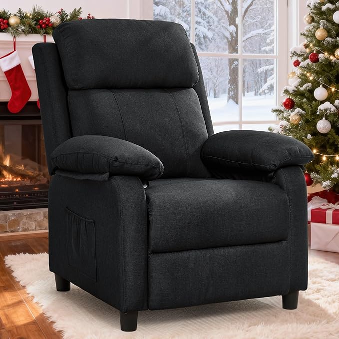 Recliner Chair, Living Room Chairs for Adults, Padded Deep Seat Reading Chair with Side Pockets, Small Recliners for Small Spaces, Lounge Chair for Living Room, Bedroom, and RV (Linen)