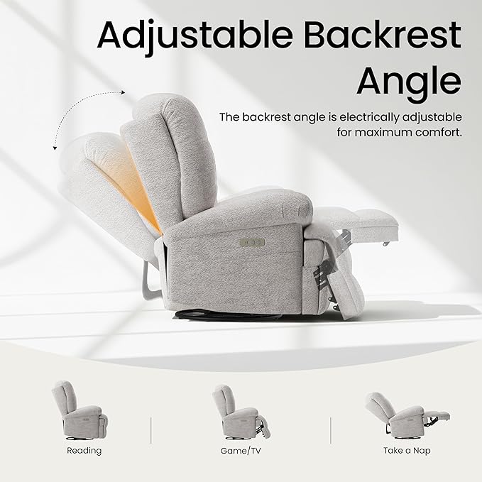 COLAMY Floren Power Swivel Recliner Chair with USB & Type-c Charge,Oversized and Padded Upholstered Deep Seat and Armrest，Rocking Recliner with Double Storage Pockets,Beige