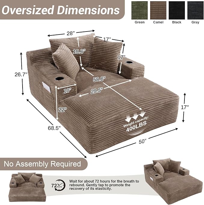 50"W x 68"D Oversized Chaise Lounge Chair Indoor Boneless Reading Chair Plush Corduroy Recliner with Cup Holders Large Deep Seat Comfy Sofa Bed Couch with 3 Pillows for Living Room Bedroom, Camel