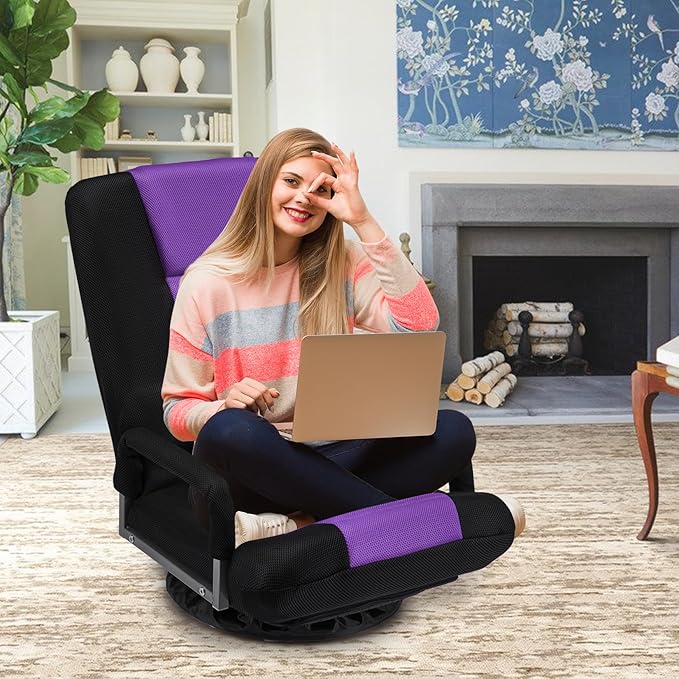 360 Rotating Swivel Gaming Chair w/6 Adjustable Positions Backrest Foldable Floor Chairs Suitable for Reading, Relaxing, Mediation,Purple