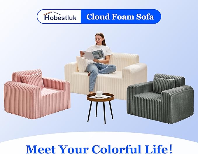 Hobestluk Couch Sofa 2-Seater Foam Sofa Loveseat for Small Spaces Comfy Sofas with Removable Cover Furry Couch with Pillows for Living Room, Bedroom, Apartment, Office (White, Loveseat)