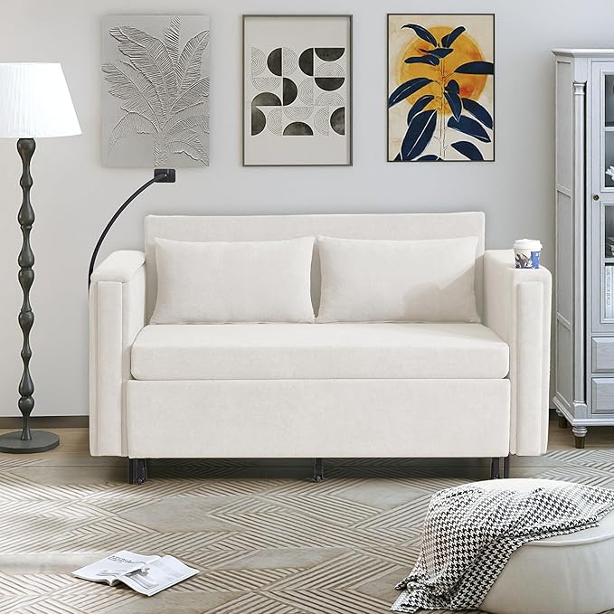 ORRD Pull Out Sofa Bed, 2-in-1 Multi-Functional Sleeper Couch Small Loveseat Bed with Hidden Side Table, Phone Holder and Cup Holder for Living Room, Small Space, Apartment (White)