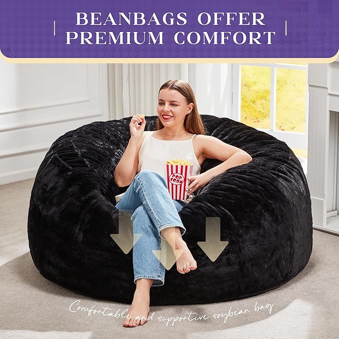 Hobestluk Bean Bag Chairs Giant Beanbag Chair with Filler, Memory Foam Bean Bags with Fluffy & Machine Washable Cover, Bean Bag Chairs for Aduts for Living Room, Bedroom (BLACK, 4FT - 44” x 44” x 24”)