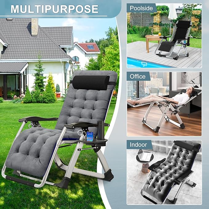 ABORON 2 Pack Zero Gravity Chair, Outdoor Lounge Chairs Sun Loungers with Removable Cushion,Headrest,Cup Holder,Reclining Patio Lounger Chair for Indoor and Outdoor