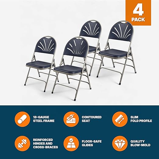 OEF Furnishings OEF1100 Series Premium Heavy-Duty Plastic Folding Chairs, Commercial Fanback Event Chairs with Triple Brace and 500 lb Capacity (4-Pack, Navy Plastic with Gray Frame)