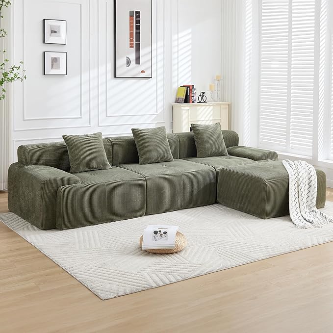 118" Modern L-Shaped Modular Sectional Sofa, Boneless Couches for Living Room, Corduroy Upholstered Sofa with Deep Seat, Oversized 3-Seater Cloud Sectional Couch,No Assembly, Green
