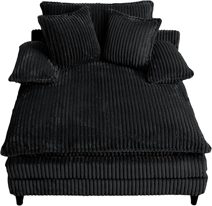 54.8" W Oversized Chaise Lounge Chair Indoor with 5-Position Adjustable Backrest, Corduroy Sleeper Sofa Bed with 3 Pillows, Modern Cloud Couch Chair for Living Room, Bedroom, Black