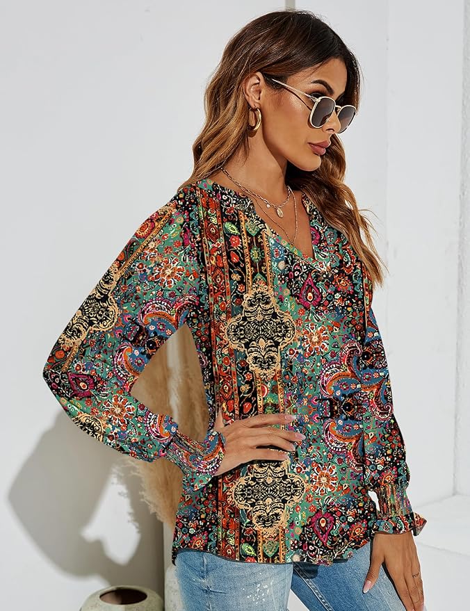 Romanstii Women's Casual V-Neck T-Shirts Loose Puff Long Sleeve Tops Tunic Blouses