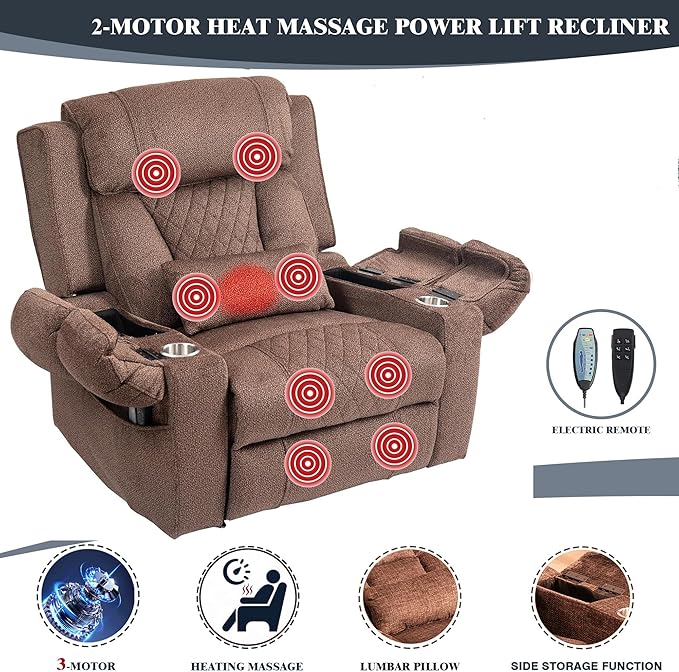 Oversized Lift Assist Recliner Chair with Massage Heating, Extra Wide Lay Flat Recliner Chairs with Lumbar Pillow, Flip Arm Storage Cup Holders and USB Type C Charging for Elderly Sleeping
