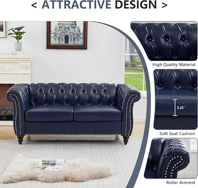 QHITTY Accent Sofa, Chesterfield Loveseat Modern Leather Couch Upholstered Sofa with Tufted Back for Living Room Furniture (Blue)