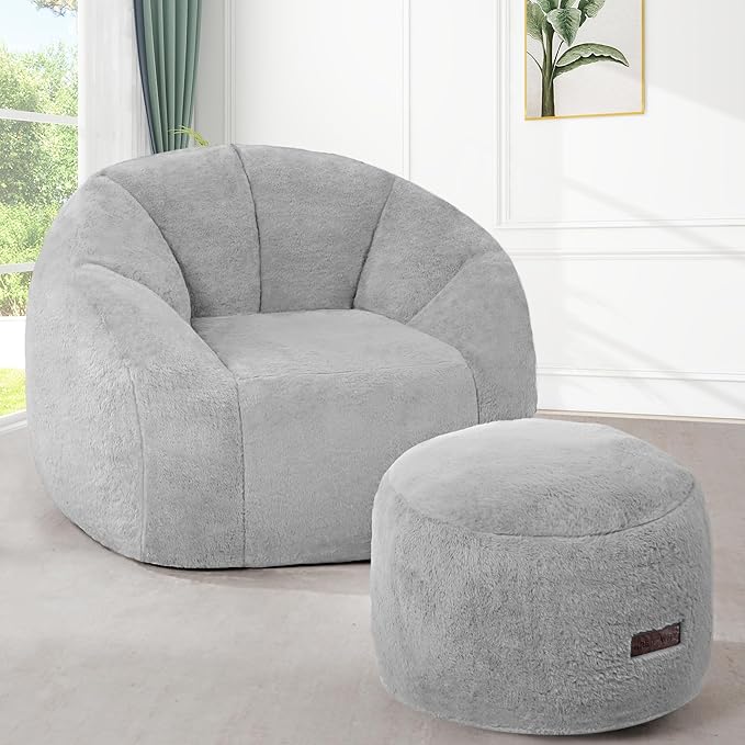 HABUTWAY Bean Bag Chair, Oversized Shell-Shaped Bean Bag Couch with Ottoman, Giant Beanbag Chair for Adults and Kids, Comfy Bean Bag Sofa & Footstool, Large Floor Sofa for Living Room Bedroom, Grey