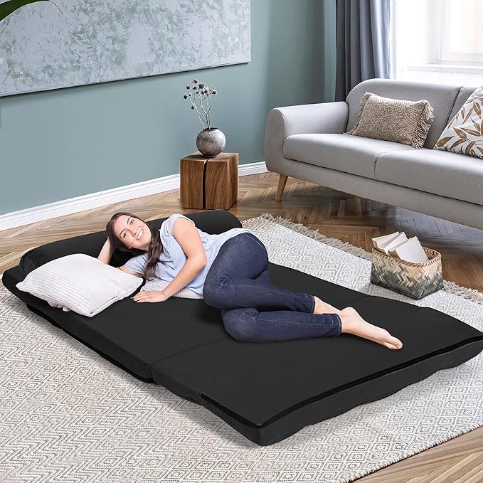 DORTALA Foldable Floor Sofa, 6-Position Adjustable Lounge Couch with 2 Pillows & Suede Cloth Cover, Modern Lounge Mattress Video Gaming Lazy Couch, Suede Floor Seating Sofa, 71" x 44.5", Black